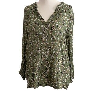 MONDAY FUN Women’s V Ruffle-neck Gauze 3/4 Elastic Sleeve Top Size: Large